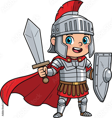Cartoon Roman soldier illustration, gladiator character with sword and shield, historical costume design, red cape, vector art, ancient warrior theme