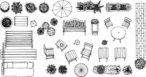 Architectural Drawings, garden vector outdoor illustration furnitures, top view, side, Minimal style hand drawn, set elements for architecture and design. Sections, Elevations, Floor Plans. 