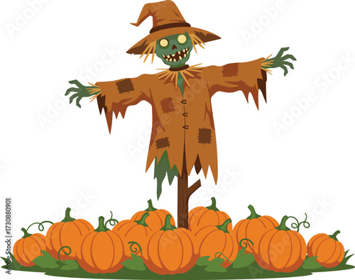 Spooky zombie scarecrow with glowing eyes standing in pumpkin patch field for creepy halloween horror night vector illustrationSpooky zombie scarecrow with glowing eyes standing