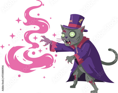 Zombie cat magician wearing purple costume casting magical spell with glowing pink energy in spooky cartoon vector illustrationZombie cat magician wearing purple costume casting magical 