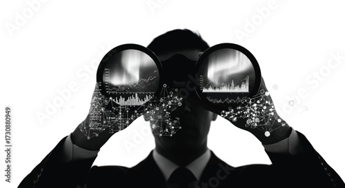 Business Man Using Binoculars Looking at Financial Future Success