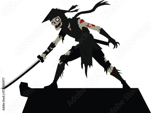 Zombie samurai warrior in aggressive stance with katana, horror-themed undead fighter in traditional armor silhouette designZombie samurai warrior in aggressive stance with katana, 
