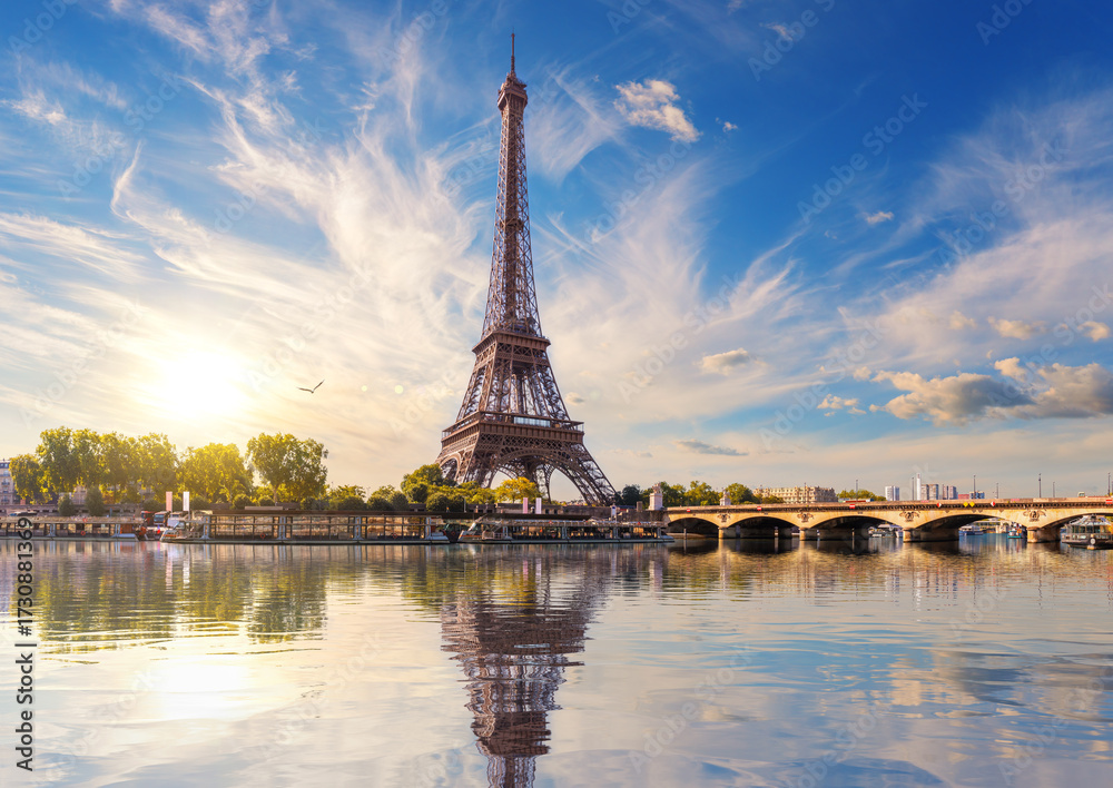 Fototapeta premium Eiffel Tower and the bridge with reflection in Seine river, Paris, France