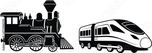 Vintage steam locomotive and modern high‑speed train illustration, railway transport comparison, historical retro engine, futuristic travel design