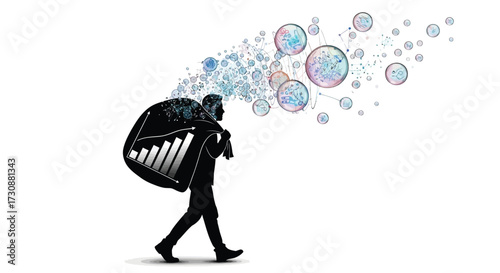 Businessman silhouette carrying financial data stock market chart and bubble network