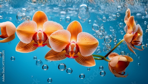 Vibrant Orange Orchids Submerged In Clear Water Surrounded By Bubbles Against A Bright Blue Background