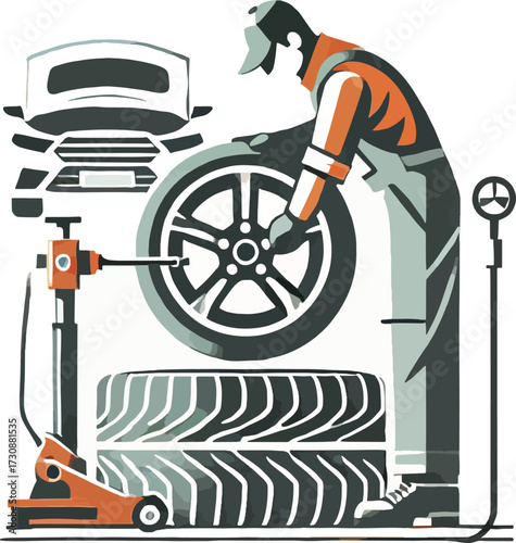 Mechanic changing car tire with jack and tire stack