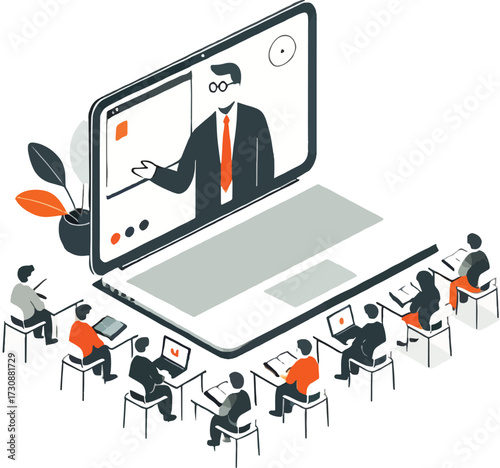 Online learning class with instructor on laptop and students at desks
