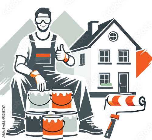 Painter with paint cans and roller gives thumbs up in front of house