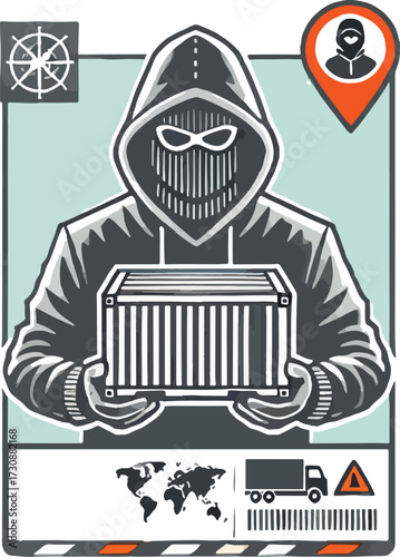 Person in hooded jacket holding shipping container with world map