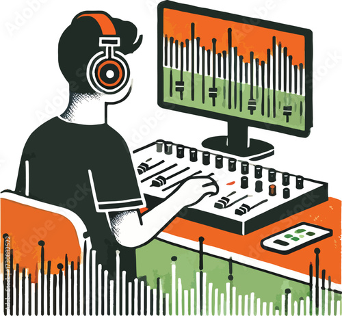 Person wearing headphones at audio mixing board with computer monitor