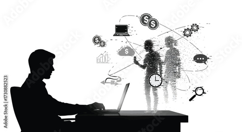Office Worker Silhouette Managing Workload with Virtual Assistant Black and White Illustration