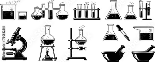 science Laboratory Equipment Icon Set. Pharmacy lab glassware, beakers, test tube, glass, and flask vector illustration