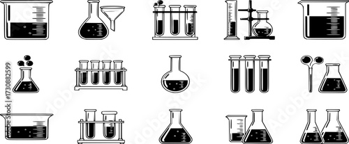 science Laboratory Equipment Icon Set. Pharmacy lab glassware, beakers, test tube, glass, and flask vector illustration
