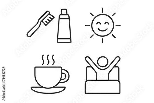 Morning routine essentials featuring toothbrush, toothpaste, sun, coffee cup, and person waking up
