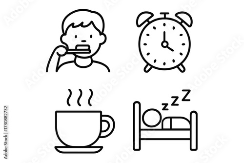 Morning routine checklist with brushing teeth, waking up, drinking coffee, and sleeping