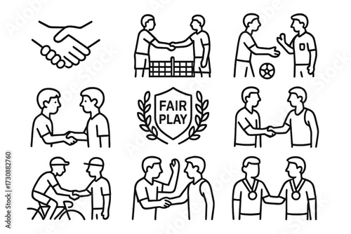 Various symbols of teamwork and sportsmanship promoting fair play among individuals in different activities