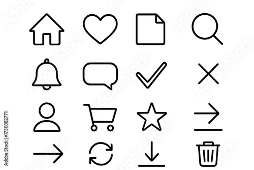 Collection of simple line icons representing common digital actions, symbols, and user interface elements