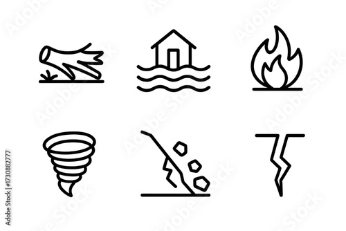Natural disaster icons representing extreme weather events like floods, fires, and tornadoes in a simple design