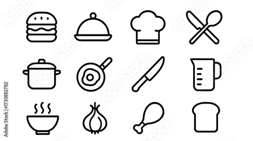 Icons representing various food items and kitchen tools in a simple, minimalist design suitable for culinary themes
