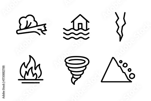 Natural disaster icons representing various weather-related hazards like floods, fires, and tornadoes