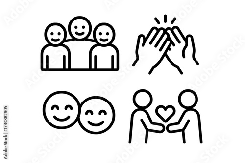 Social interaction symbols depicting friendship, support, and connection among people of different expressions and gestures