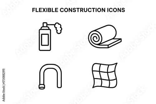Flexible construction symbols featuring a spray can, rolled material, hook, and net design