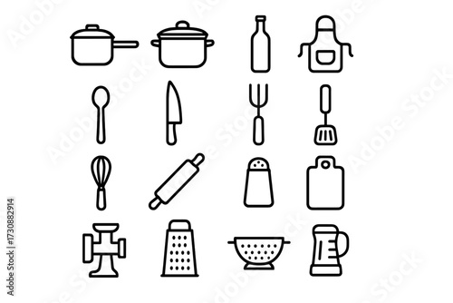 Kitchen tools and utensils arranged in a neat grid showcasing essential cooking equipment for home chefs