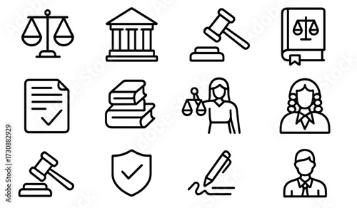 Icons representing various legal concepts including scales, court, judge, and legal documents in a simple design