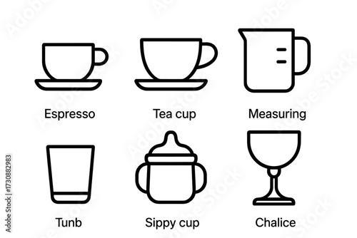 Variety of drinkware including espresso cup, tea cup, measuring jug, and more displayed on a clean surface