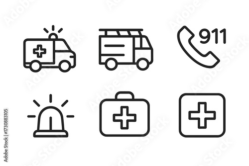 Emergency response symbols illustrating key elements of medical assistance and urgent care calls