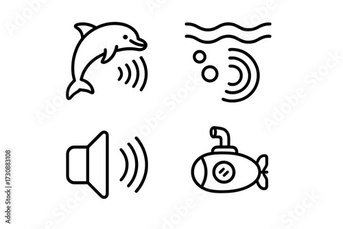 Sounds of the ocean represented by dolphin, waves, sound waves, and submarine iconography