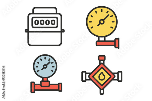 Illustration of various meters used for measuring gas and fluid flow in industrial applications