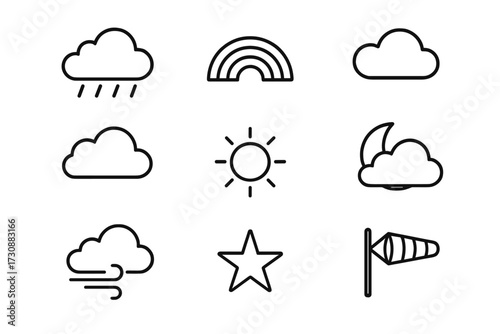 Weather symbols collection featuring clouds, rain, sun, rainbow, wind, moon, star, and flag