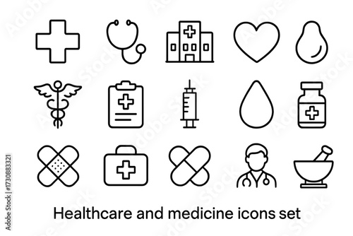 Collection of healthcare and medicine icons featuring symbols of health and wellness in a simple design