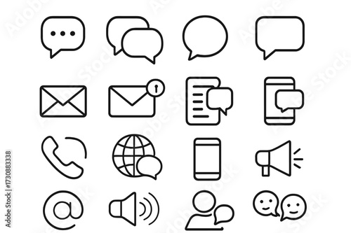 Icons representing various communication methods including messaging, phone calls, and emails in a simple design