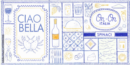 Whimsical italian restaurant collage with ciao bella and food illustrations