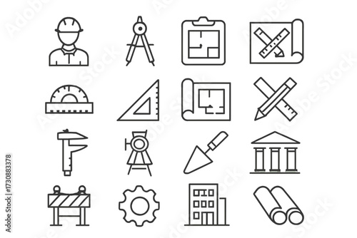 Tools and symbols for construction and engineering displayed in clear line art style