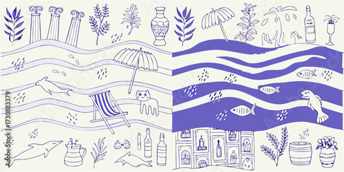 Whimsical hand drawn beach scene with dolphins cat and ancient greek elements
