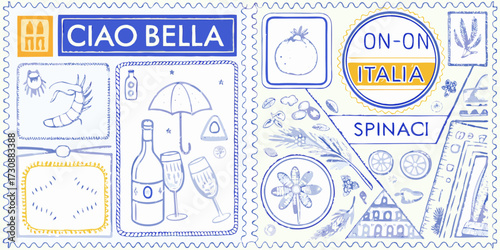 Whimsical italian themed illustration with ciao bella and spinaci text and various icons