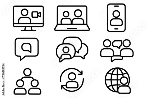 Set of simple icons representing online communication tools and virtual meetings