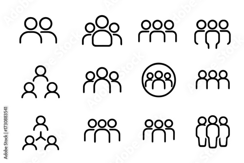 Different icons representing groups of people in various arrangements and formations with simple line designs