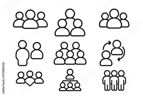 Various simple icons representing different group interactions and relationships in a minimalist style