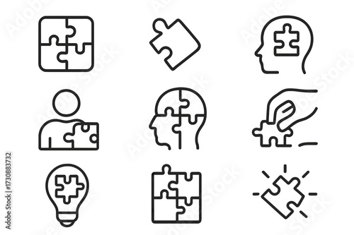 Concepts of puzzle pieces representing problem solving, creativity, and teamwork in a minimalist design style