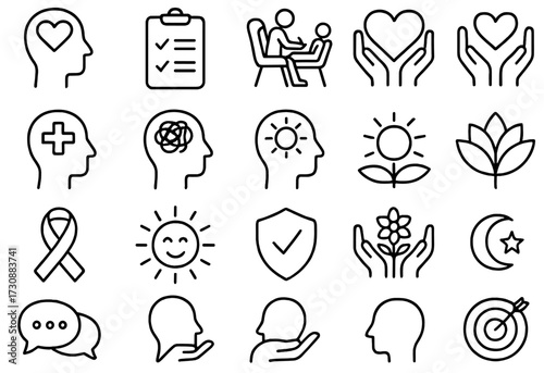Icons representing mental health support, wellness practices, and personal growth concepts in a simple line art style