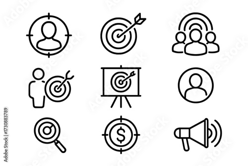 Creative designs of target symbols with arrows, audience figures, and communication elements in a simple line style