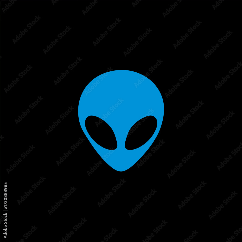 Fototapeta premium Minimalist blue alien head vector icon on black background, symbolizing extraterrestrial life, sci-fi, cosmos, and UFO concepts