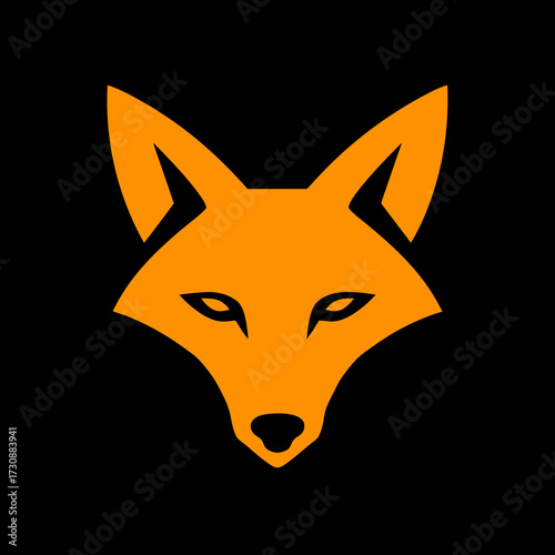 Minimalist orange fox head vector icon on black background. Stylized abstract animal face illustration for modern design projects.