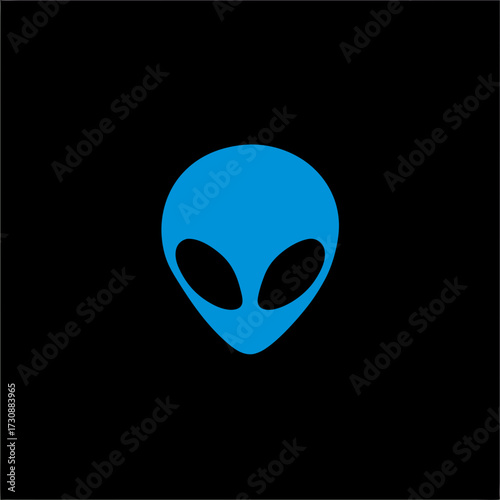 Minimalist blue alien head vector icon on black background, symbolizing extraterrestrial life, sci-fi, cosmos, and UFO concepts