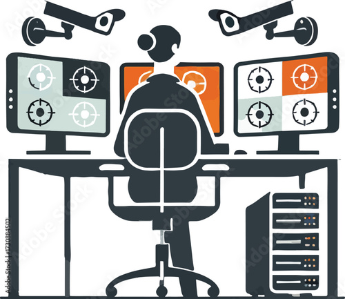 Security guard monitors multiple camera feeds on screens